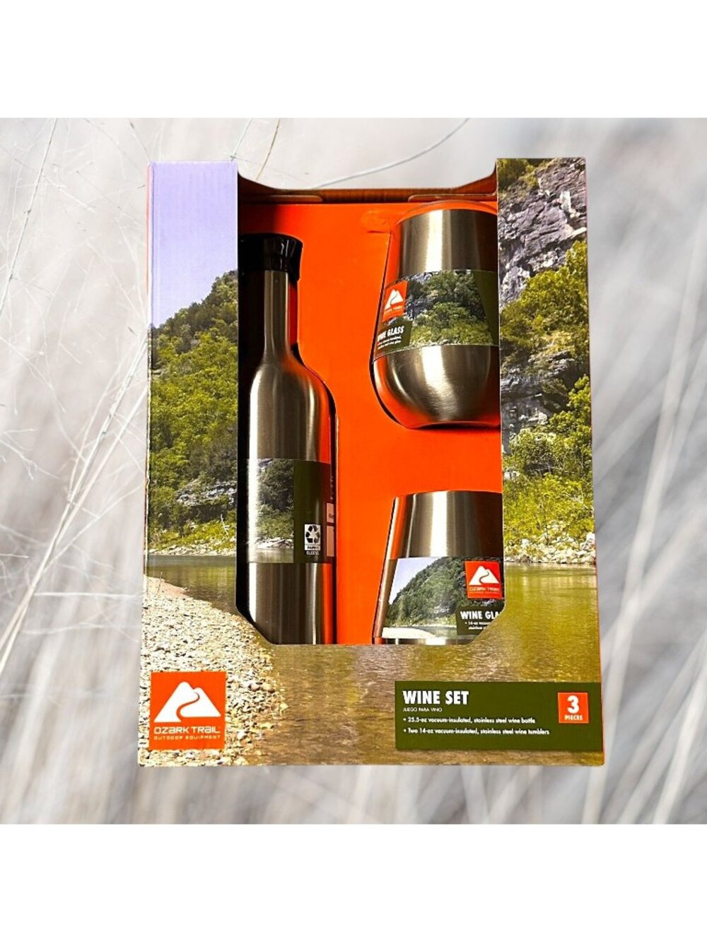 Ozark Trail Wine Set 3-Piece With 25.5oz Bottle & 14oz Tumblers Stainless Steel